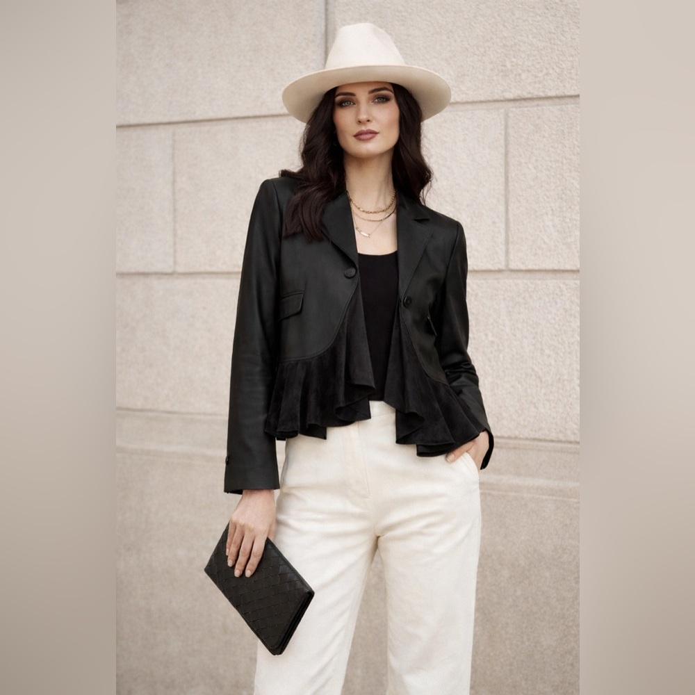 695 NWT Color Black Leather & Twill Jacket